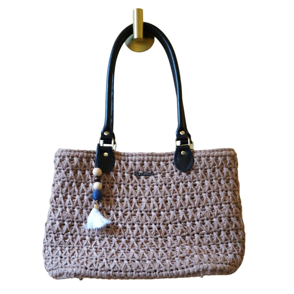 Handmade Woven Crochet Boho Handbag Leather Handles Brown